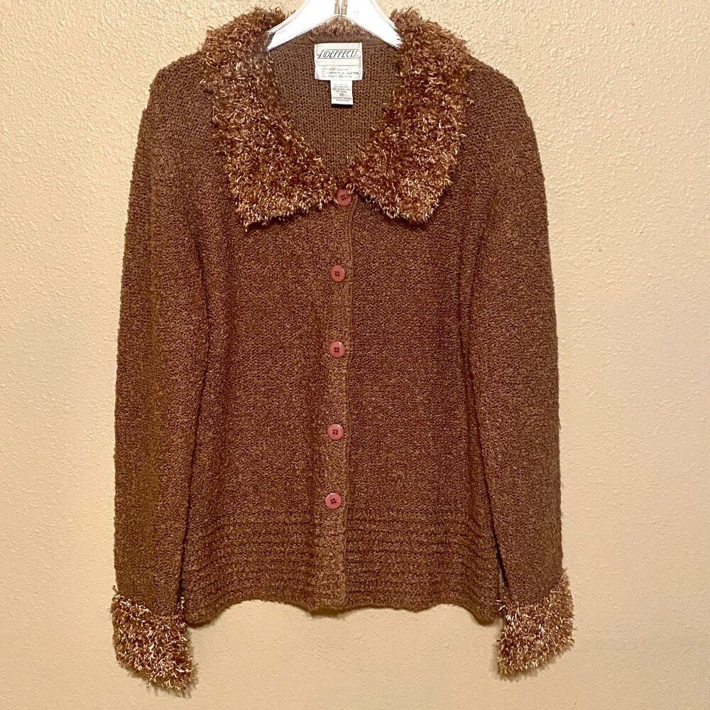 SIDEFFECTS Brown Boucle Knit Cardigan Jacket Fluffy Collar Cuffs 80s Size (M)